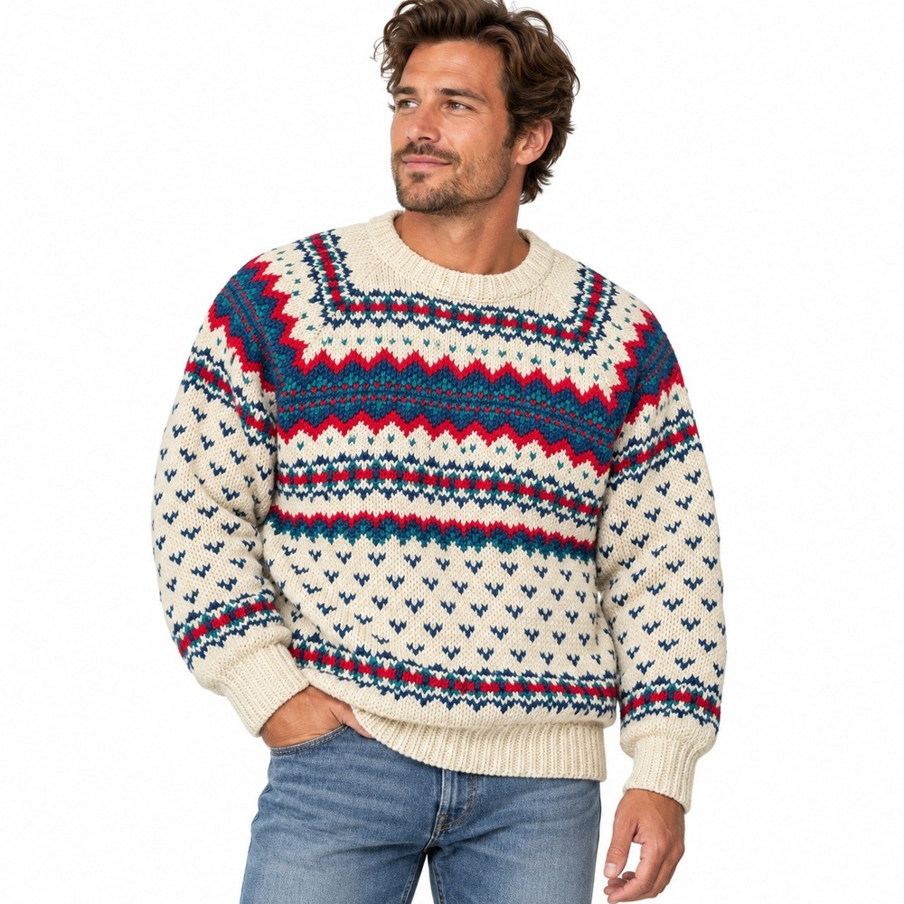 Vintage 90s Peterborough Row Fair Isle Sweater XL Cream Dad Grandpa Apres Ski